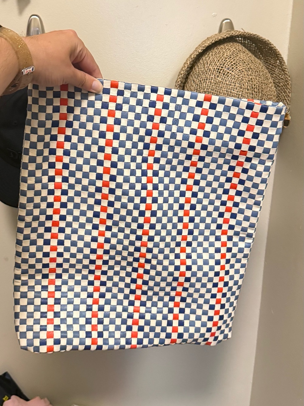 Clare V flat, carryall clutch in Red, White and two shades of blue woven checker